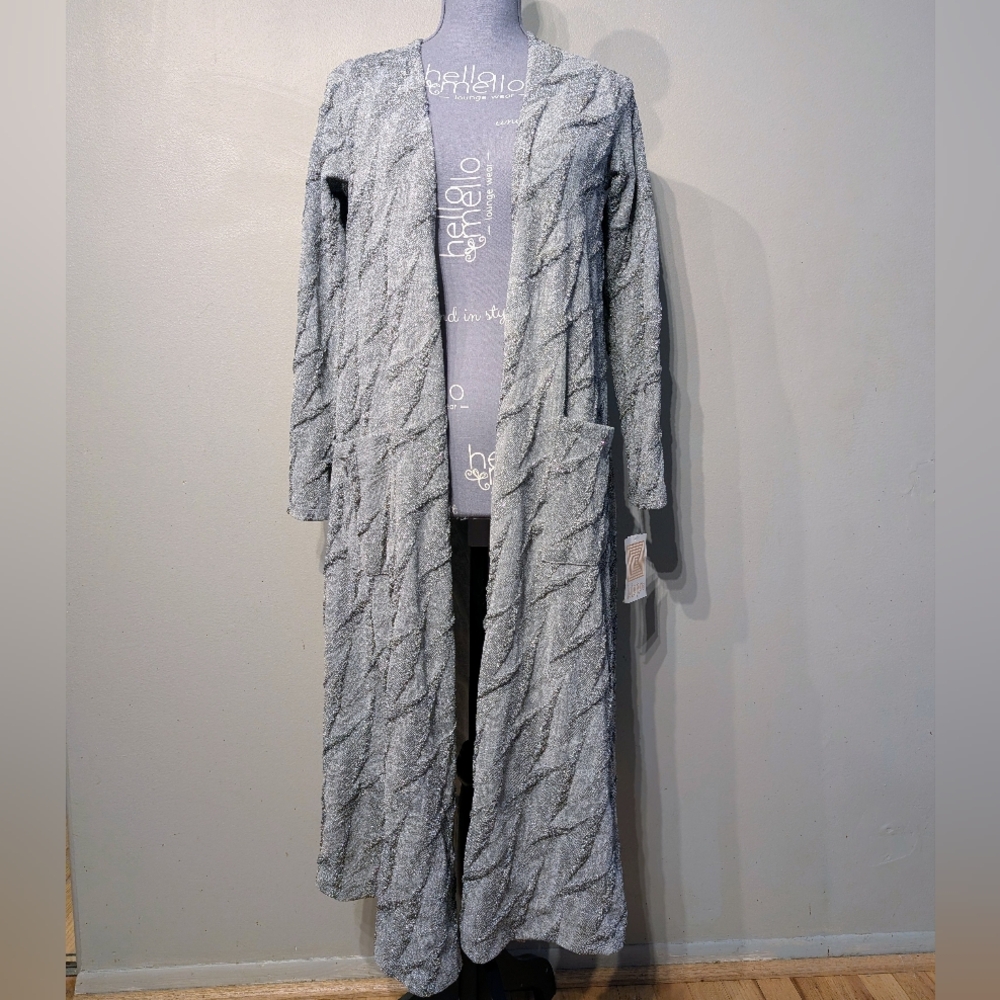 LuLaRoe Elegant Sarah Metallic Silver Duster Cardigan Long Sweater Small NWT